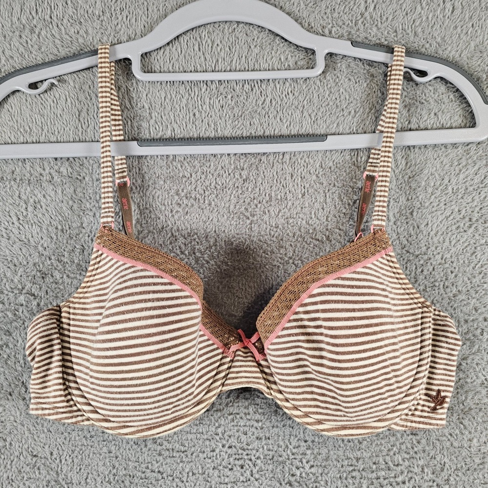 Aerie Hannah Bra 34C Brown Cream Striped Pink Lace Trim Underwire